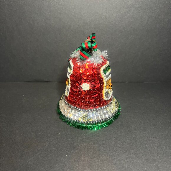 Vintage Red Green Silver Sparkly Sequin Stocking Bell Christmas Tree Ornament 4" - Picture 2 of 6